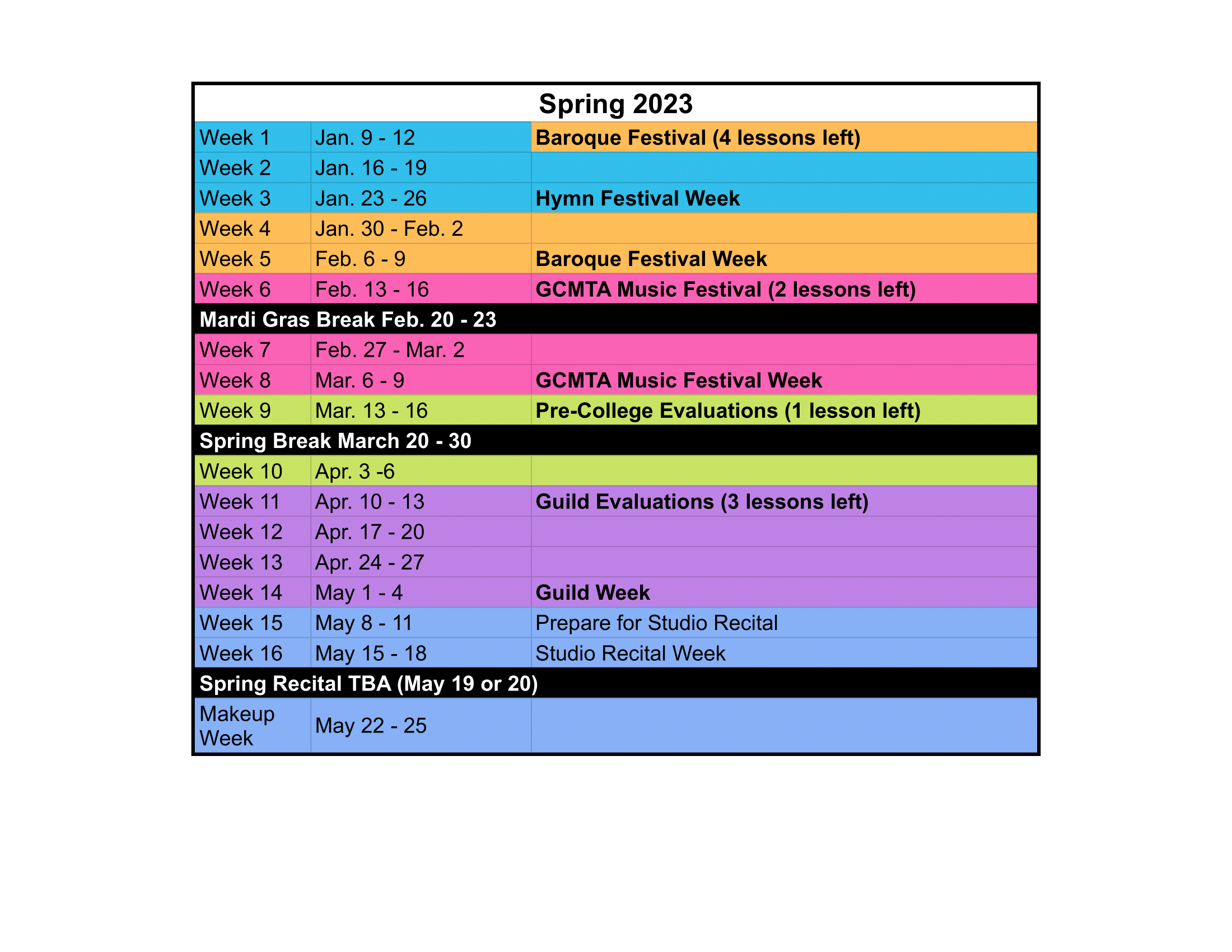 The Pass School of Music - Calendar for 2022-2023